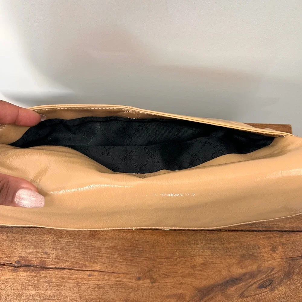 BCBGMAXAZRIA Tan Patent Leather Envelope Clutch Gold Chain Detail Bag